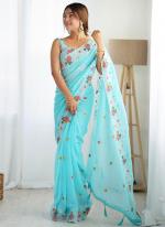 Georgette Sky Blue Party Wear Embroidery Work Saree